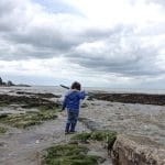 A young boy rock pooling against a cloudy sky at Lee Bay, from an album of family farm pictures.