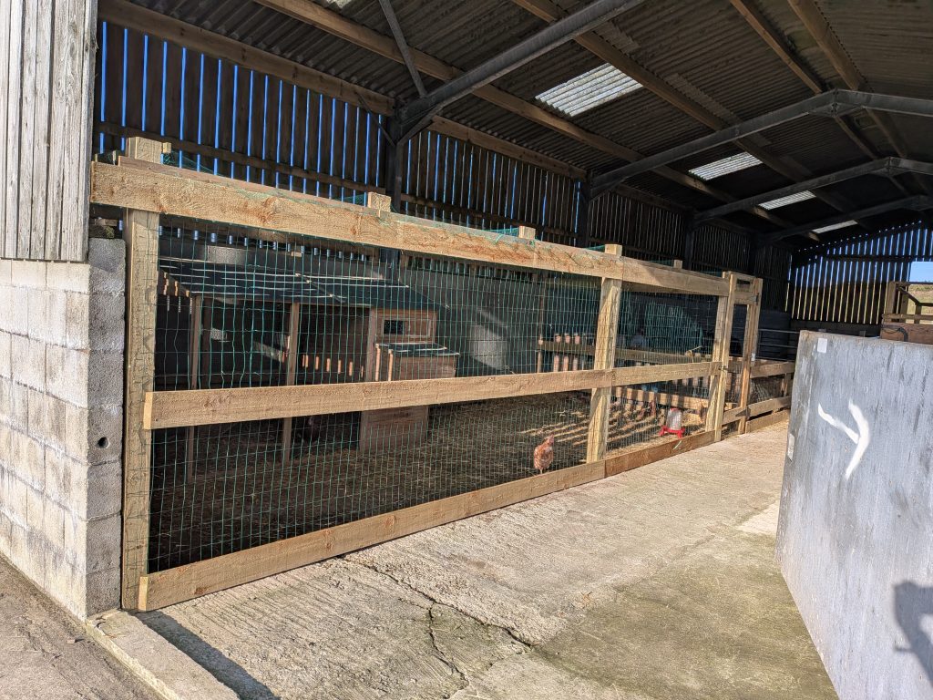 A wooden enclosure for chickens, built into the barn at Lower Campscott family farm holidays.