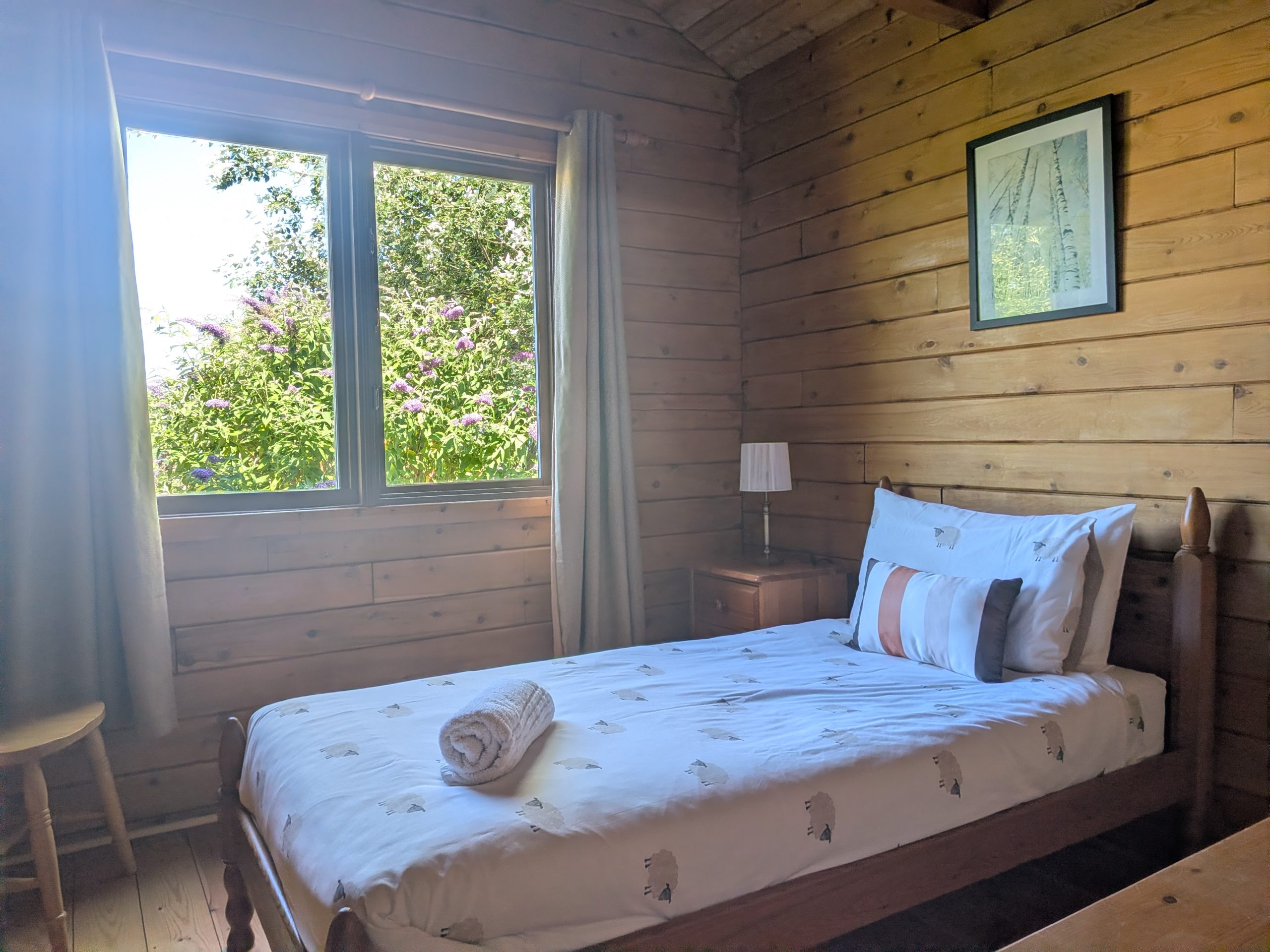 A single bed in a wood-panel room next to a window.